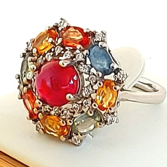 Natural Round Ruby 7mm & Multi-color Sapphire 925 Sterling‎ Silver Ring Sz 6 - Picture 6 of 7